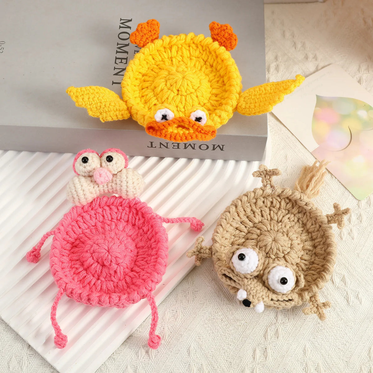 Funny Crochet Animal Coaster Finished Handwoven Coaster Coffee Cup Decor